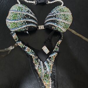 Beaded Bikini Set with Green and Blue Accents Clear Backstraps.